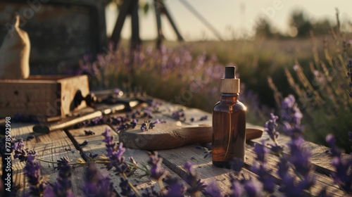 A rustic  woodencapped perfume bottle  on a workbench amidst a blooming lavender field  capturing the essence of craftsmanship and the earth low noise