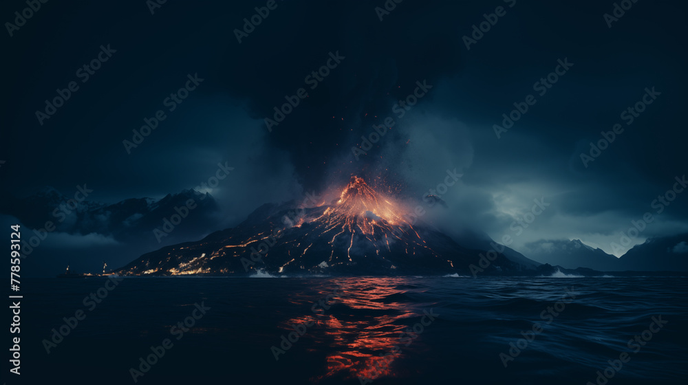 Majestic Volcano Eruption at Night with Reflective Ocean Waters