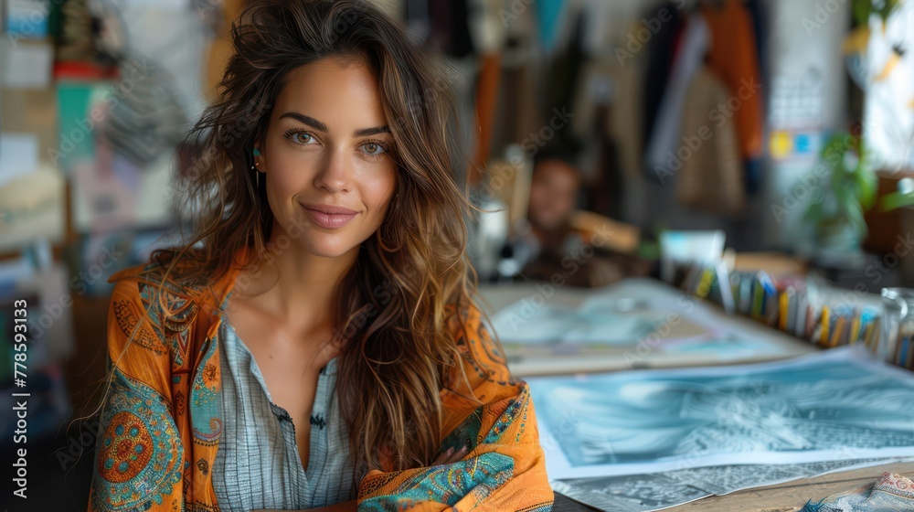 Fototapeta premium Overhead photo of brunette woman fashion designer working with material palette at her office