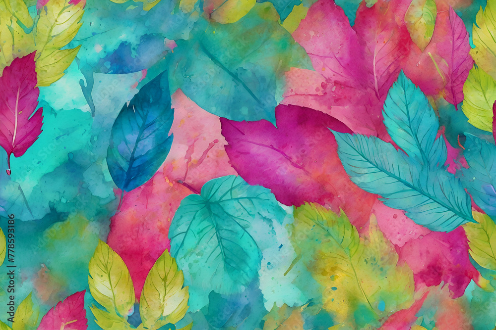 Mixed background neon leaves, splashes and watercolor effect