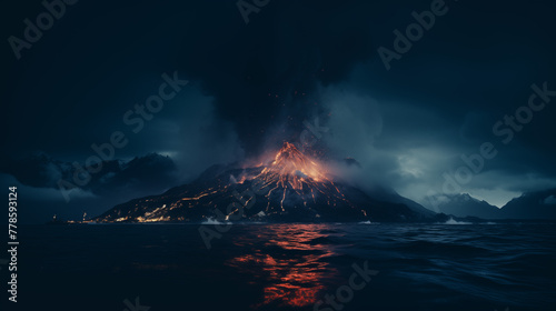 Majestic Volcano Eruption at Night with Reflective Ocean Waters © heroimage.io
