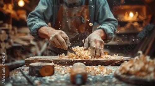 A professional carpenter working in his shop, using hammer and wood chisel to make mortise in piece of wood photo