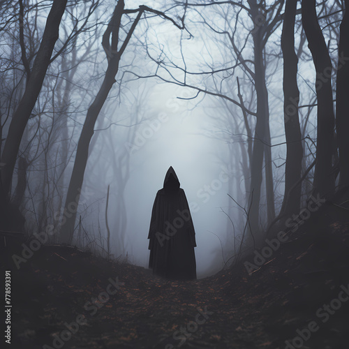 Mysterious hooded figure in a foggy forest.