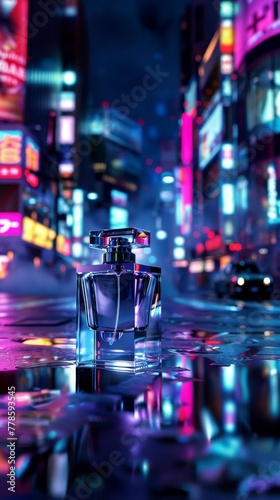 A neonbright, angular perfume bottle, in the vibrant, pulsating heart of a city at night, alive with energy and the promise of untold stories hyper realistic