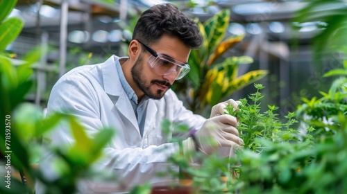 Male Botanist Examining Plants in Greenhouse Research Facility
