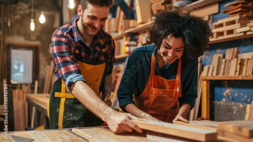 Two adult students work with wood in a woodworking workshop. Inspired, happy, lively