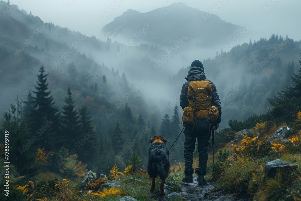 Obraz premium road trip with dog, A Hiker and Their Dog Overlooking Panorama Scenic View,Golden Retriever