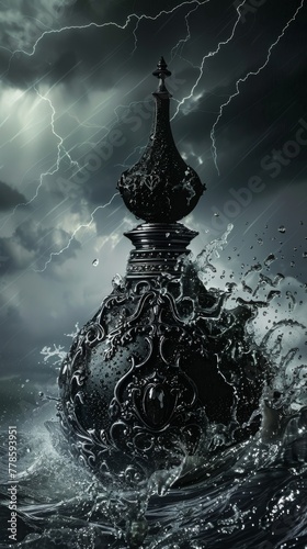 A Gothic, blackstoned perfume bottle, in the midst of a thunderstorm, evoking power, intensity, and the thrill of the tempest hyper realistic photo