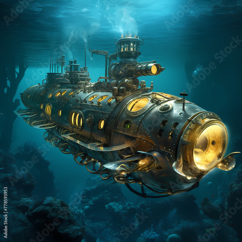 Steampunk submarine exploring the depths of the ocean