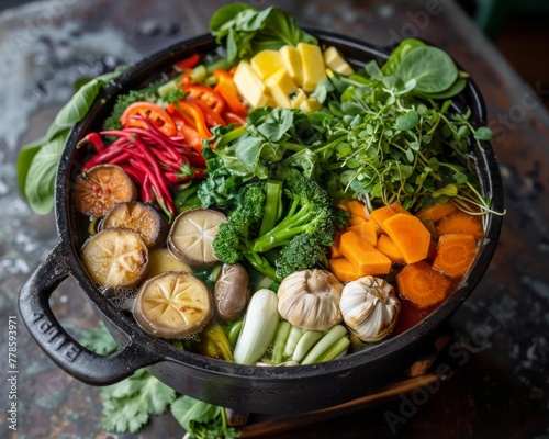 Garden-fresh vegetarian hotpot a colorful array of veggies and whole ingredients