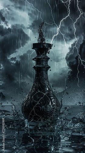 A Gothic, blackstoned perfume bottle, in the midst of a thunderstorm, evoking power, intensity, and the thrill of the tempest hyper realistic photo