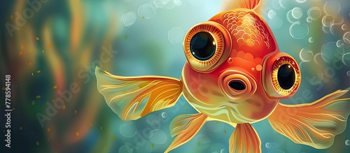 Iris the goldfish, a fictional character with big eyes, is swimming underwater. Its delicate fins elegantly move as it explores the marine biology of the water