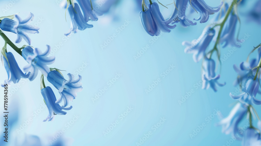 With an airy composition, this image captures bluebell blooms swaying gently in a pastel blue environment suggesting freshness and growth