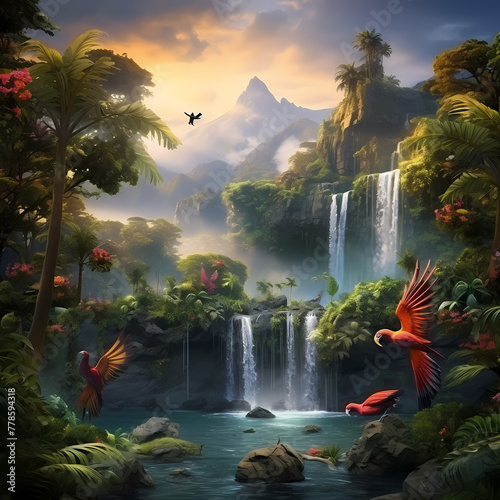 Tropical island with a waterfall and exotic birds.