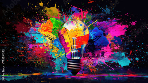 Creative light bulb explodes with colorful paint and splashes on a black background. Think differently creative idea concept Generative AI photo