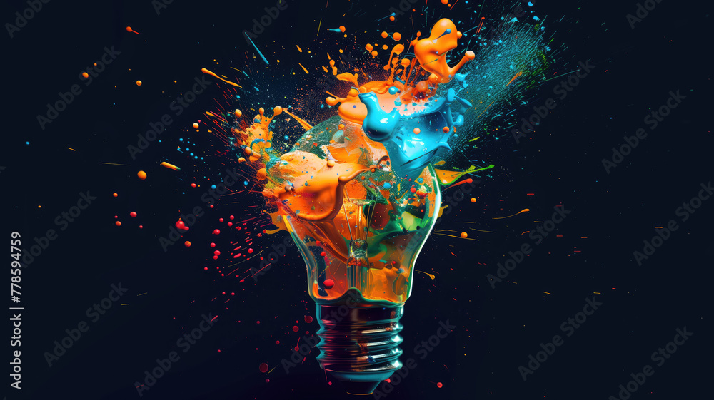 Creative light bulb explodes with colorful paint and splashes on a black background. Think differently creative idea concept Generative AI - obrazy, fototapety, plakaty 