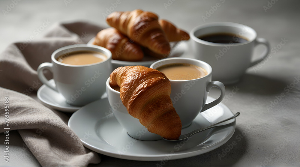 White cups of coffee and croissants on light gray background, selective focus. Healthy breakfast concept.generative.ai White cups of coffee and croissants on light gray background, selective focus. Healthy breakfast concept.generative.ai