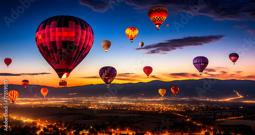 many balloons are flying over the city and mountains