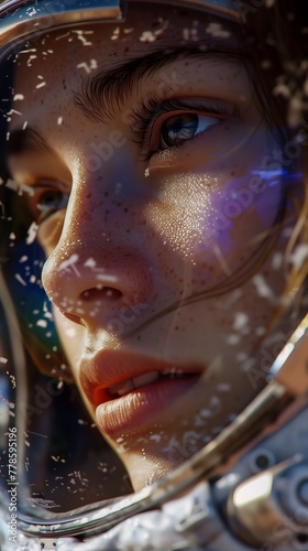 woman space suit helmet freckles nose girl alps dynamic closeup promotional video still close ups