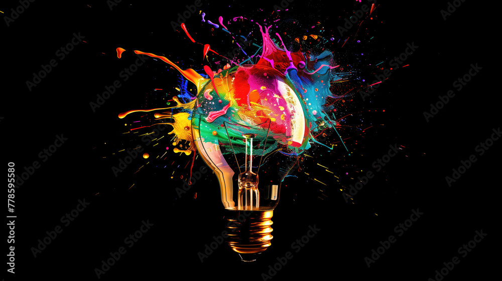 Creative light bulb explodes with colorful paint and splashes on a black background. Think differently creative idea concept Generative AI Creative light bulb explodes with colorful paint and splashes on a black background. Think differently creative idea concept Generative AI