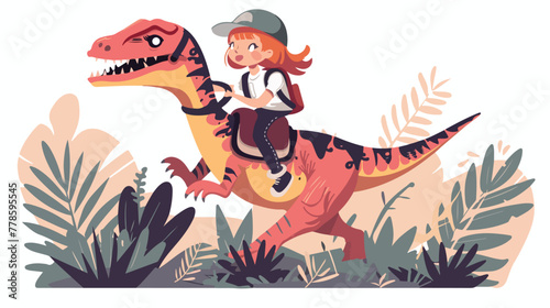 Little girl explorer riding a dinosaur velociraptor © iclute