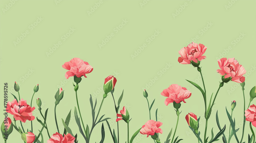 Fototapeta premium Gentle carnations in soft pink hues on a pastel green background, ideal for a banner with blank space