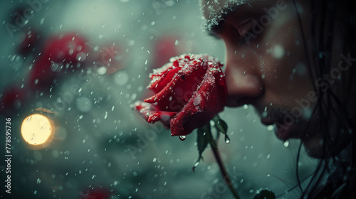 A man stands caring and thinking.  A romantic tense moment. Face to a snowy rose.   An important moment.