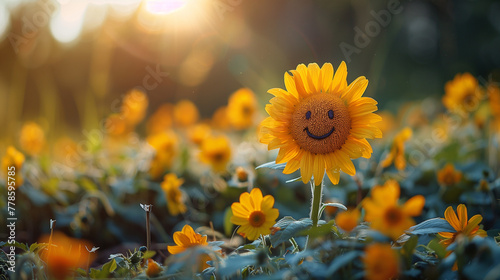 A happy sunflower on a cheery summer day.  Showcase the arrival of great weather and happy memorable times. photo