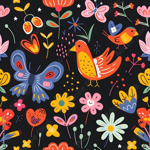 Cute cartoon flowers  birds and butterflies patterns