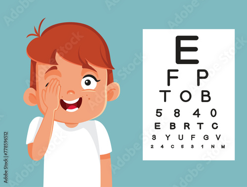 Little Boy Covering One Eye Taking Vision Test Vector Illustration. Kid having his eyesight tested in an ophthalmology clinic 
