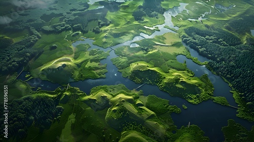 geographical view with green and water , tropical rain forest scene , aerial view of tropical country landscape