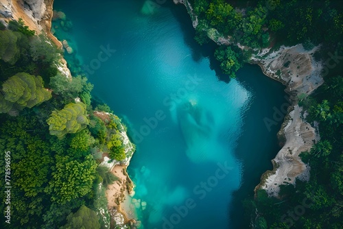 still blue water of lake and jungle landscape - aerial view 