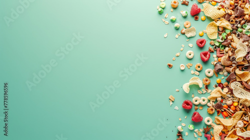 A vibrant, delicious arrangement of assorted breakfast cereals on a teal background, providing a banner with blank space