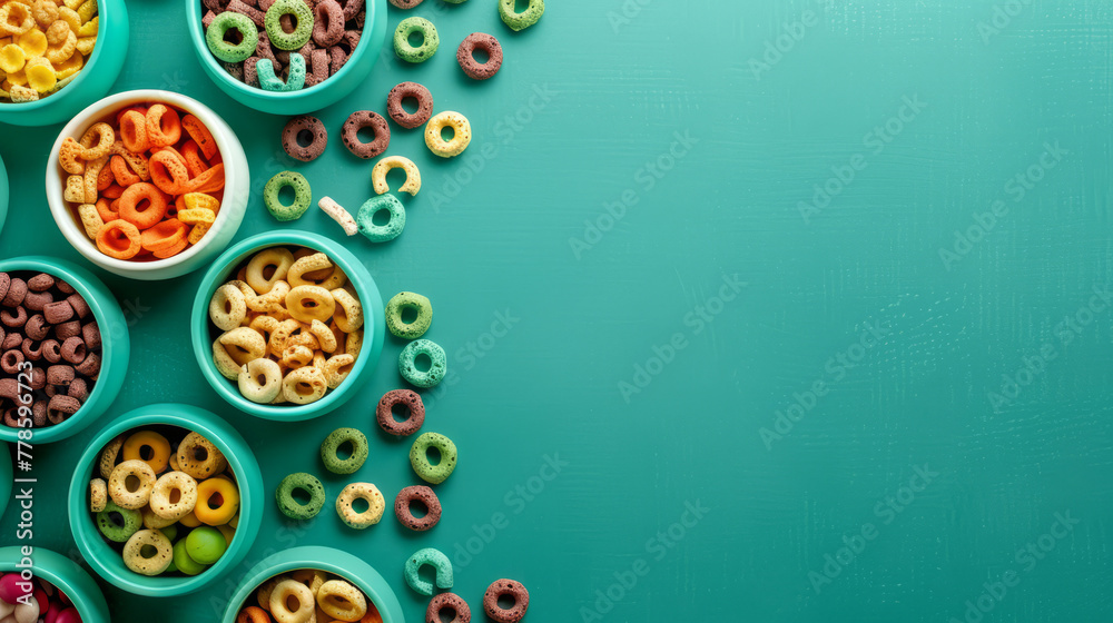 Array of colorful cereal rings scattered on a green background, ideal for an inviting banner with blank space