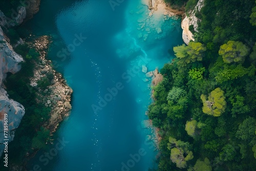 wonderful aerial view of blue water river - Captivating Beauty of Tropical rain forest Canopy © Kalana