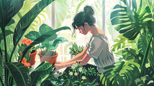 
A woman enjoying a peaceful moment while repotting flower plants in her home garden, surrounded by greenery and nature.