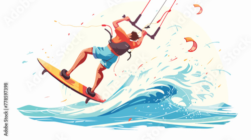 Male kiteboarder enjoys surfing waves with kiteboar