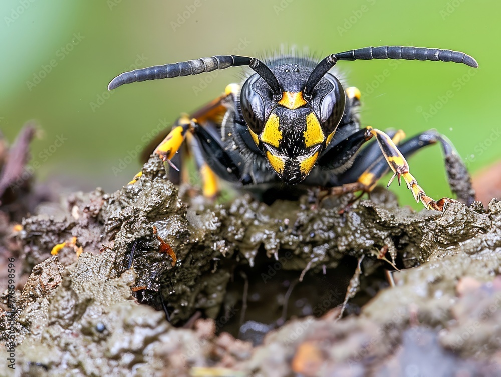 Close Up Shot of a Yellow and Black Wasp on Natural Background, Detailed Insect Portrait, Wildlife Photography Close Up Shot of a Yellow and Black Wasp on Natural Background, Detailed Insect Portrait, Wildlife Photography