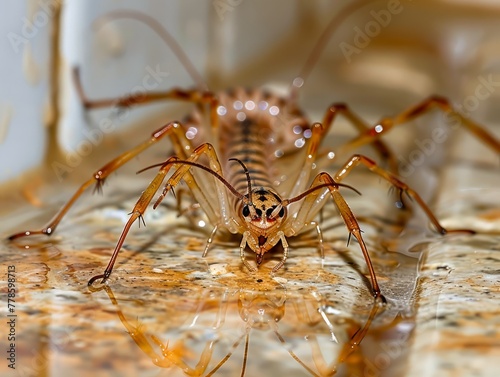 Close Up of a Detailed House Centipede Scutigera coleoptrata on a Textured Surface in a Domestic Environment photo