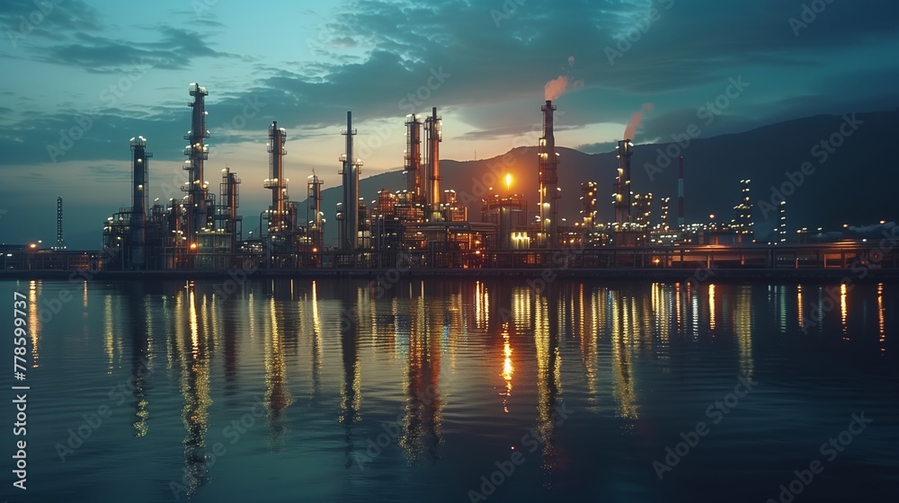 Twilight Reflections on Water of an Oil Refinery