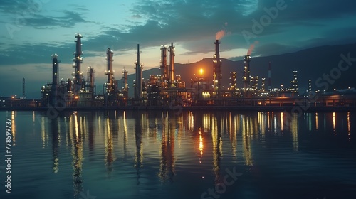 Twilight Reflections on Water of an Oil Refinery