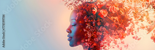 Double exposure of woman's profile and flowers, representing mental health awareness and empowerment. Perfect for Women's Day or Women's History Month illustration.