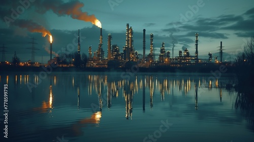 Refinery Plant Emitting Flames at Dusk by Water photo