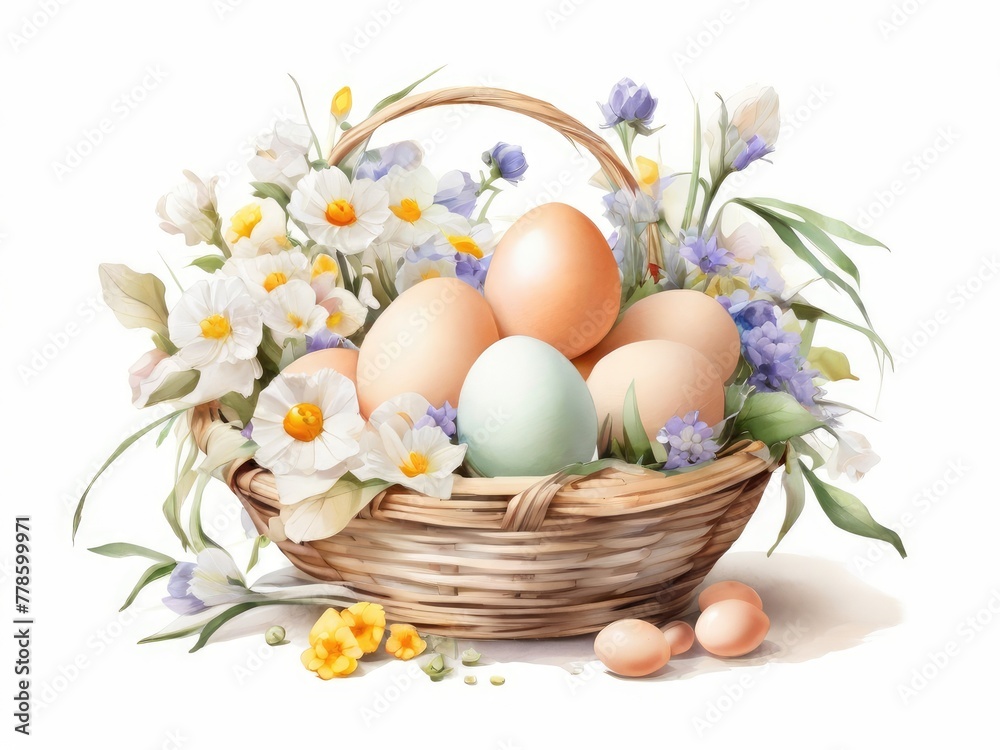 Wicker basket flowers chicken eggs table Easter. Wicker basket flowers chicken eggs table Easter.