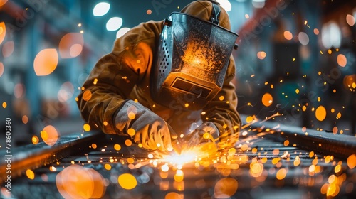 A tradesman welding metal together