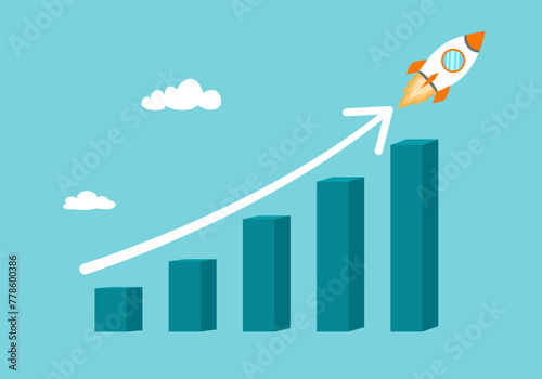 Wealth or earning rising up graph. Business sales or profit increase concept. Financial report graph with arrow from flying rocket.