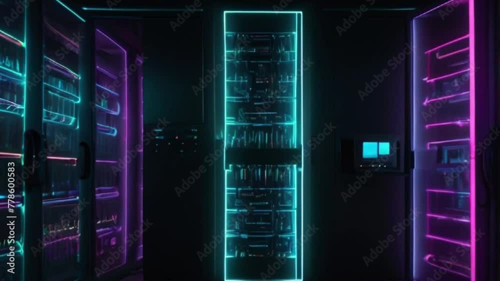Modern Data Technology Center Server Racks in Dark Room with VFX ...
