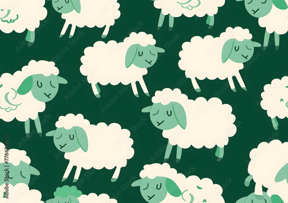 Fototapeta premium Cute cartoon sheep seamless pattern, green background