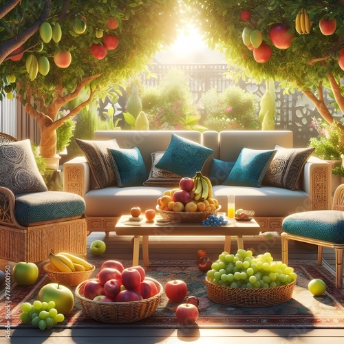 tabale on the nodal in five plats five chair sofa sat eid day cpachei dabal bed in the garden inone table on the a basket full of the grapes  apple   ctarbe an