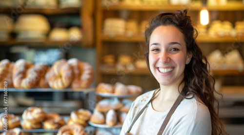 Happy young woman, small business owner, smiling in bakery shop